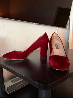 SJP Red Velvet Block Heel Pumps